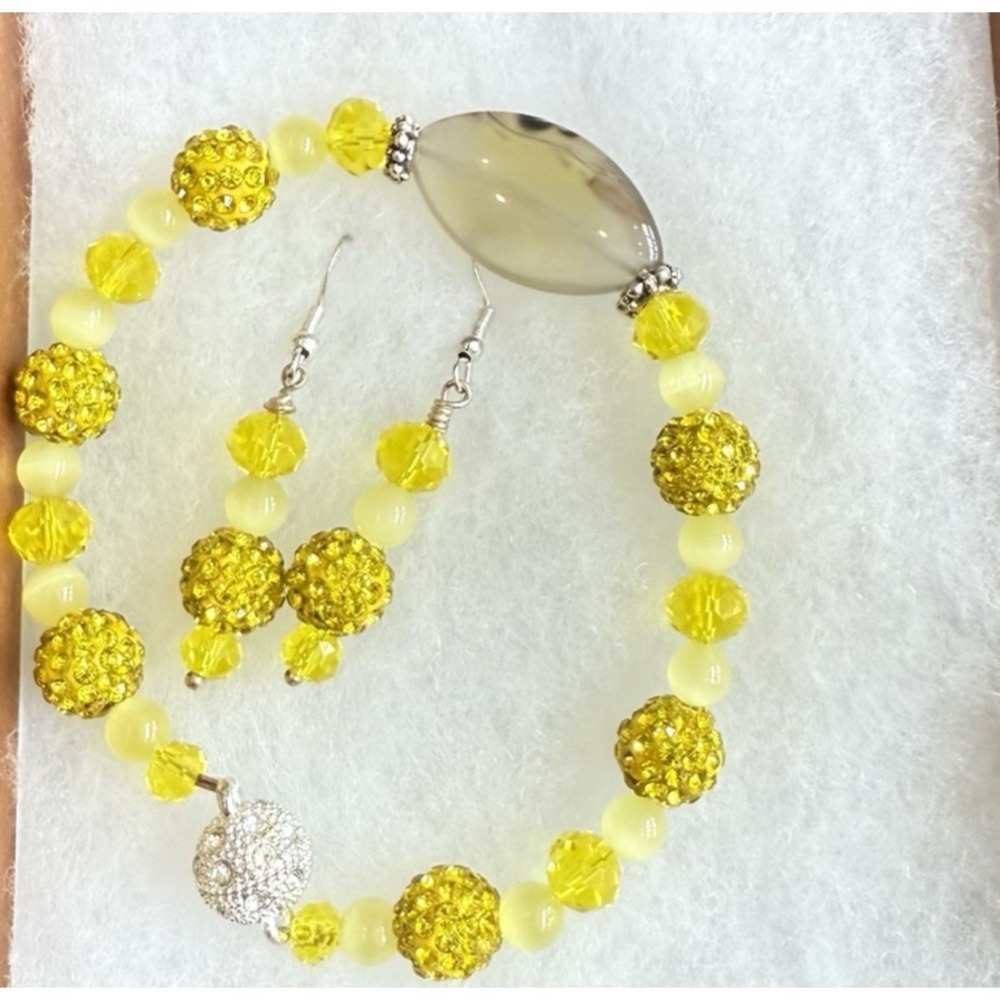 Handcrafted Agate Yellow Cats Eye & Crystals Bracelet‎ and Earring Set
